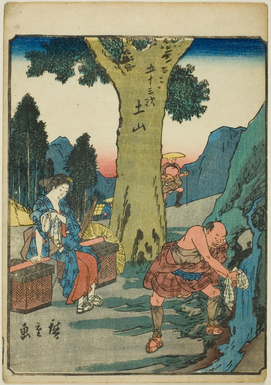 Tsuchiyama, de la serie "Cincuenta y tres estaciones [del Tokaido] (Gojusan tsugi)", también conocida como el Tokaido de figuras (Jinbutsu Tokaido) de Utagawa Hiroshige