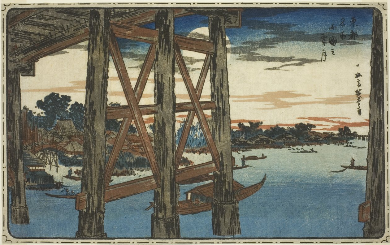 Luna Crepuscular en el Puente Ryogoku (Ryogoku no yoizuki), de la serie "Vistas Famosas de la Capital Oriental (Toto meisho)" de Utagawa Hiroshige