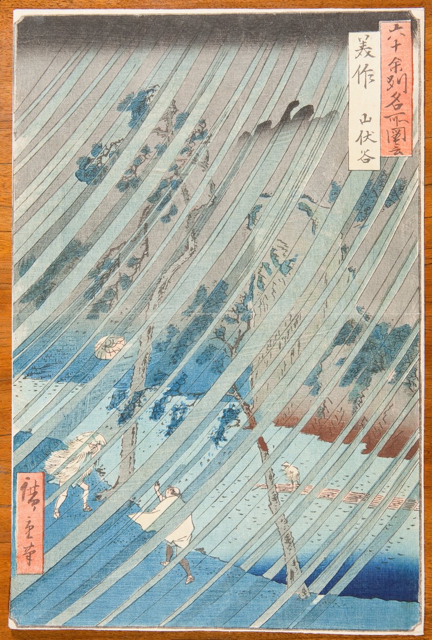 Lluvia torrencial en el valle de Yamabushi, en la provincia de Mimasaka / Mimasaka. Yamabushidani, lámina n.º 46 de la serie: Vistas de lugares famosos en las más de sesenta provincias / Rokuju yoshu meisho zue de Utagawa Hiroshige
