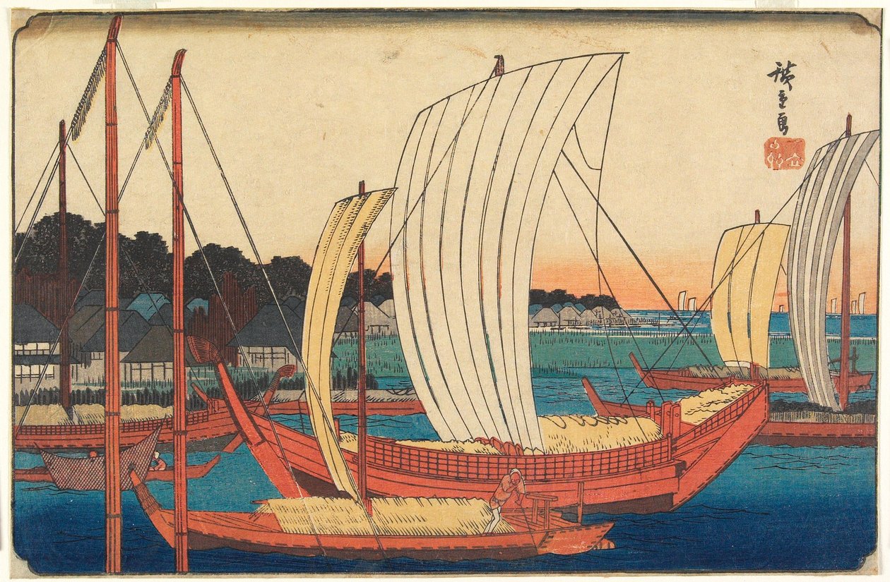 Vista de barcos entrando en el puerto de Tsukudajima de Utagawa Hiroshige