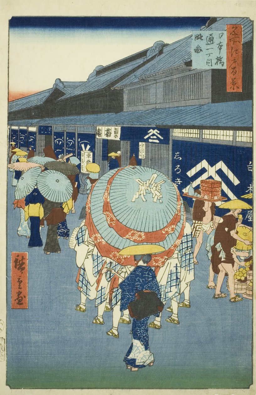 Vista de Nihonbashi Tori-itchome (Nihonbashi Tori-itchome ryakuzu), de la serie "Cien Vistas Famosas de Edo (Meisho Edo hyakkei)" de Utagawa Hiroshige