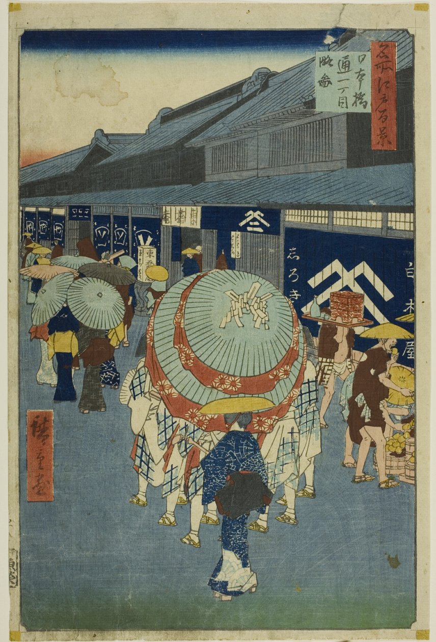 Vista de Nihonbashi Tori-itchome (Nihonbashi Tori-itchome ryakuzu), de la serie " Cien vistas famosas de Edo (Meisho Edo hyakkei)". de Utagawa Hiroshige