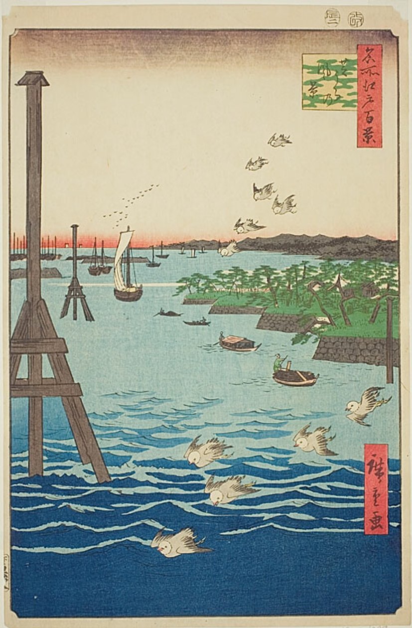 Vista de la costa de Shiba (Shibaura no kei), con agua azul claro y oscuro, nº 108 de la serie Cien vistas famosas de Edo (Meisho Edo hyakkei). de Utagawa Hiroshige