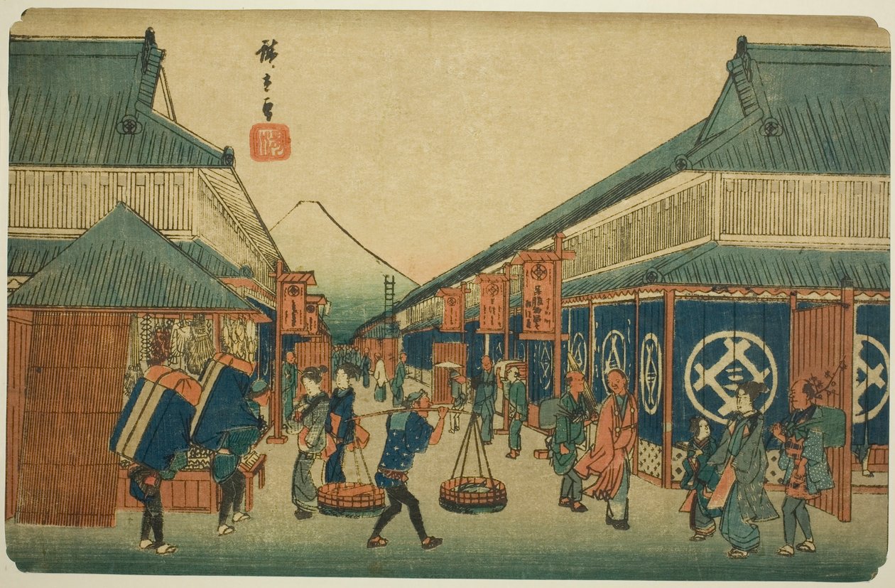 Vista de Surugacho (Surugacho no zu), de la serie "Lugares famosos en la capital oriental (Toto meisho)" de Utagawa Hiroshige