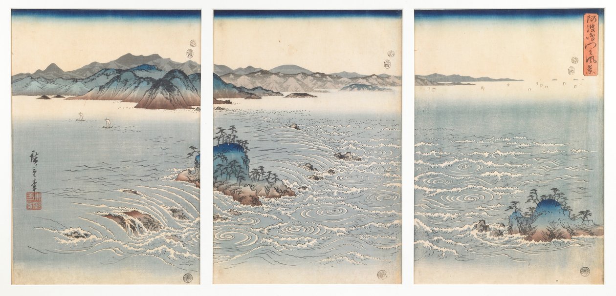 Vista de los remolinos de Awa, de una serie sin título de tres trípticos de Utagawa Hiroshige