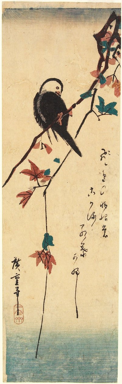 Pájaro de cabeza blanca en una rama de arce de Utagawa Hiroshige