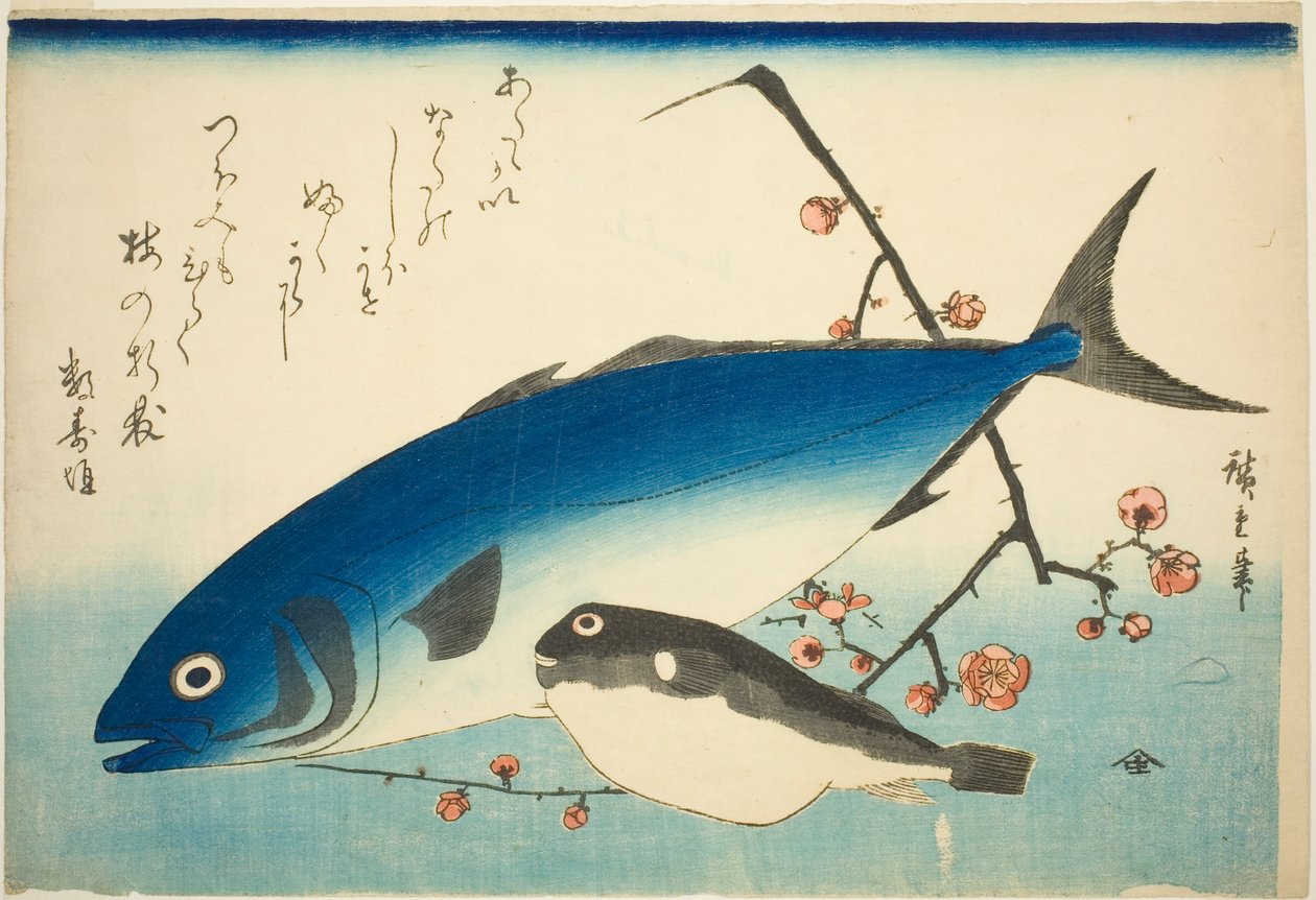 Cola amarilla, pez globo y rama de ciruelo de Utagawa Hiroshige
