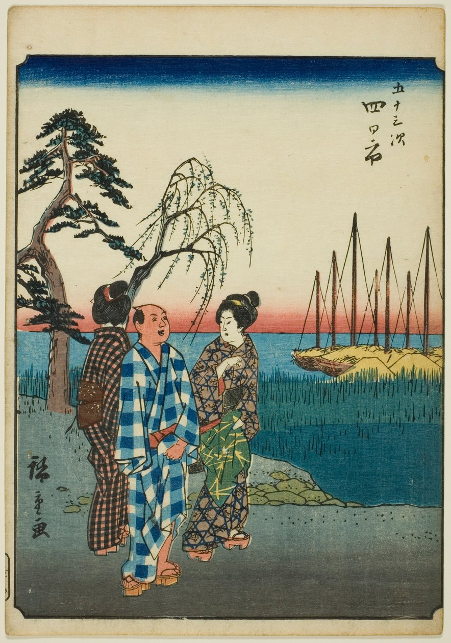 Yokkaichi, de la serie "Cincuenta y tres estaciones [del Tokaido] (Gojusan tsugi)," también conocido como el Tokaido de figuras (Jinbutsu Tokaido) de Utagawa Hiroshige