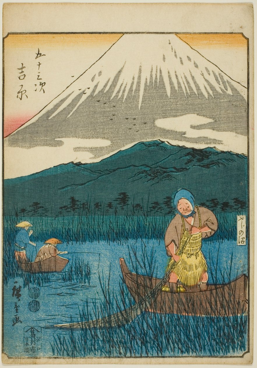 Yoshiwara, de la serie "Cincuenta y tres estaciones [del Tokaido] (Gojusan tsugi)," también conocida como el Tokaido de figuras (Jinbutsu Tokaido) de Utagawa Hiroshige