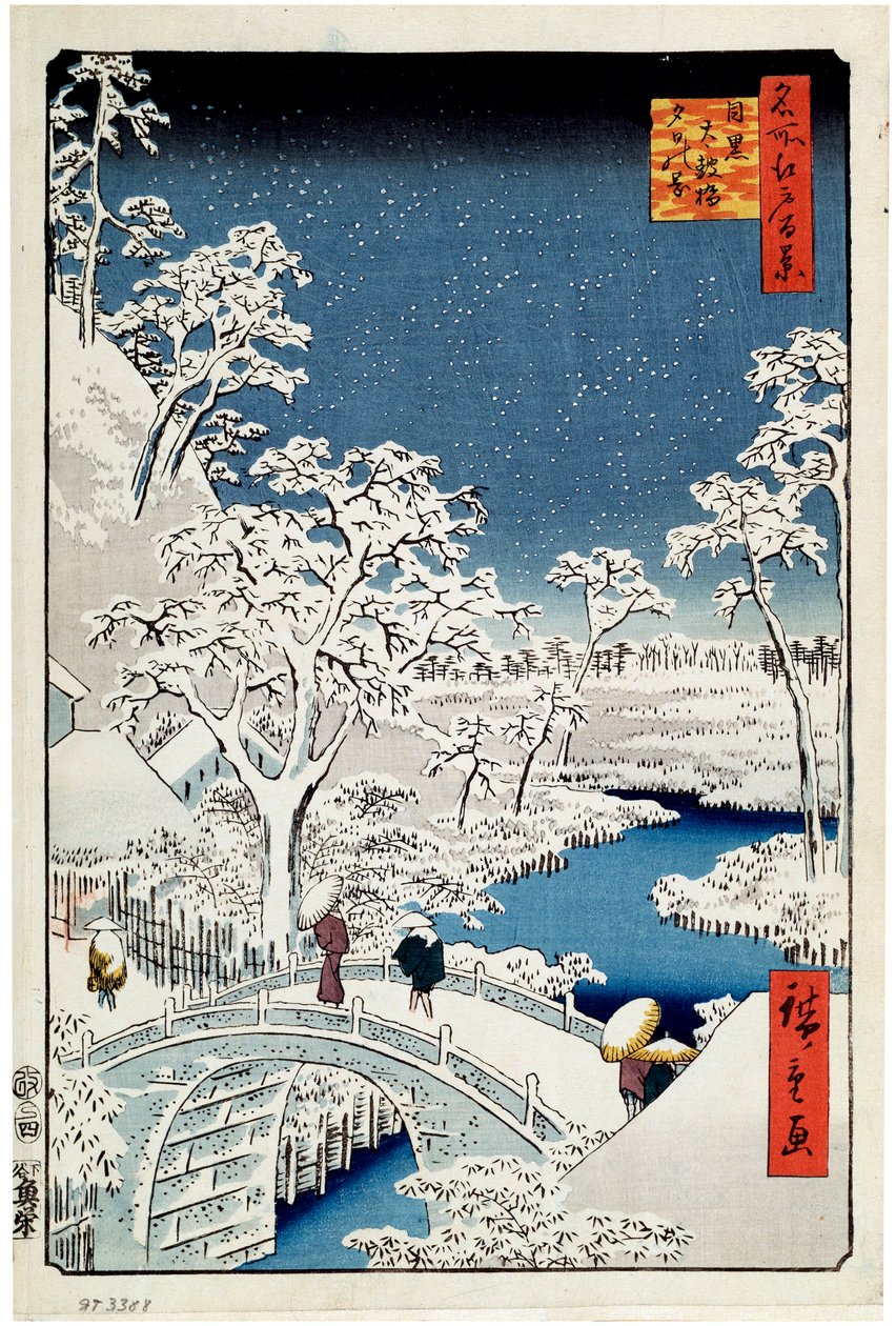 Colina Yuhi y el puente del tambor en Meguro, Cien vistas famosas de Edo, 1856-1858 de Utagawa Hiroshige