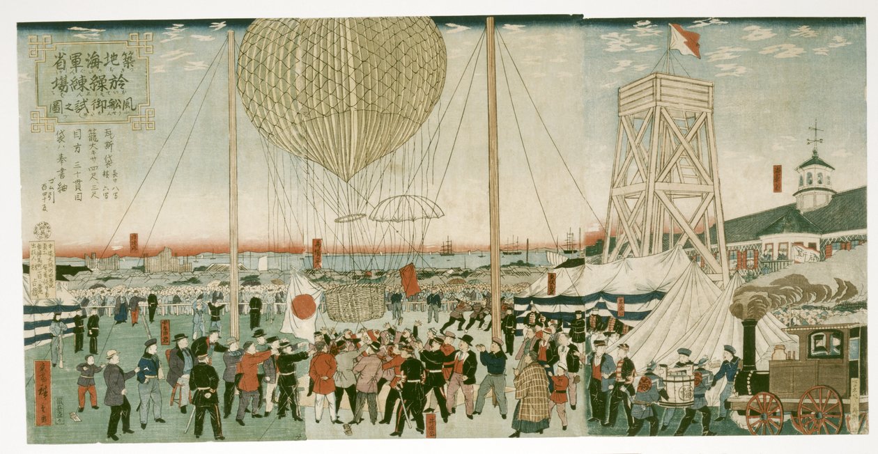 La Marina japonesa prueba un globo aerostático en Tsukiji de Utagawa Hiroshige III