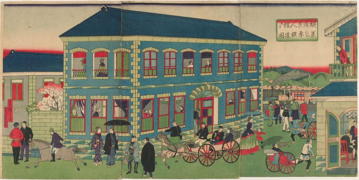 Imagen del tren de vapor de los establecimientos extranjeros de Yokohama, época Meiji de Utagawa Hiroshige III