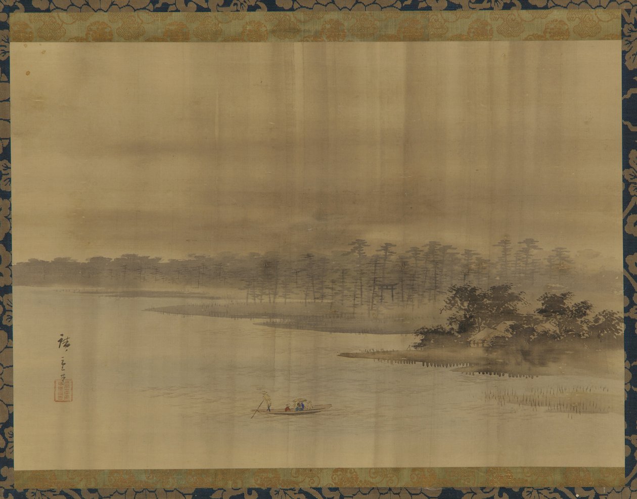 Paisaje fluvial y templo bajo la lluvia, período Edo, siglo XIX de Utagawa Hiroshige II