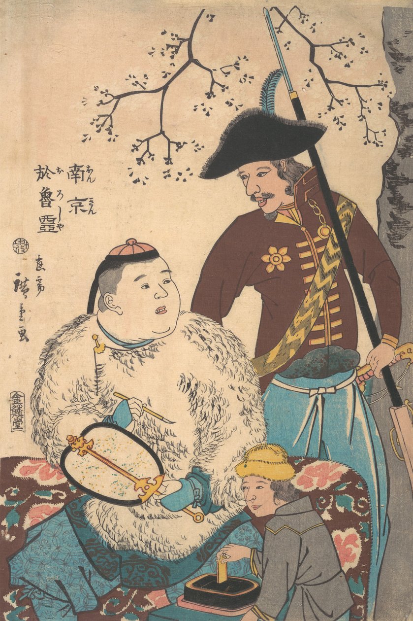 Rusos y un chino inscribiendo un abanico, 12º mes, 1860 de Utagawa Hiroshige II