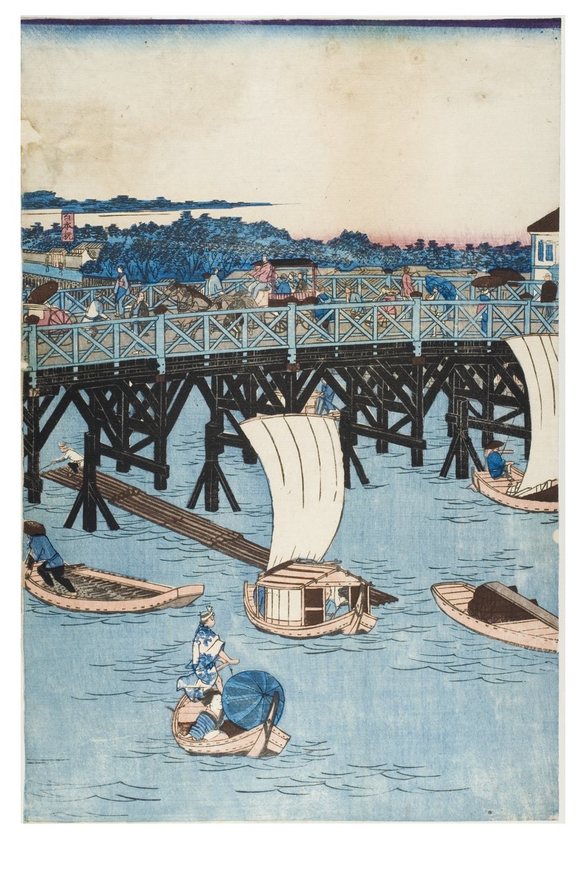Lugares Famosos en Tokio, Vista Verdadera del Puente Ryogoku de Utagawa II Hiroshige