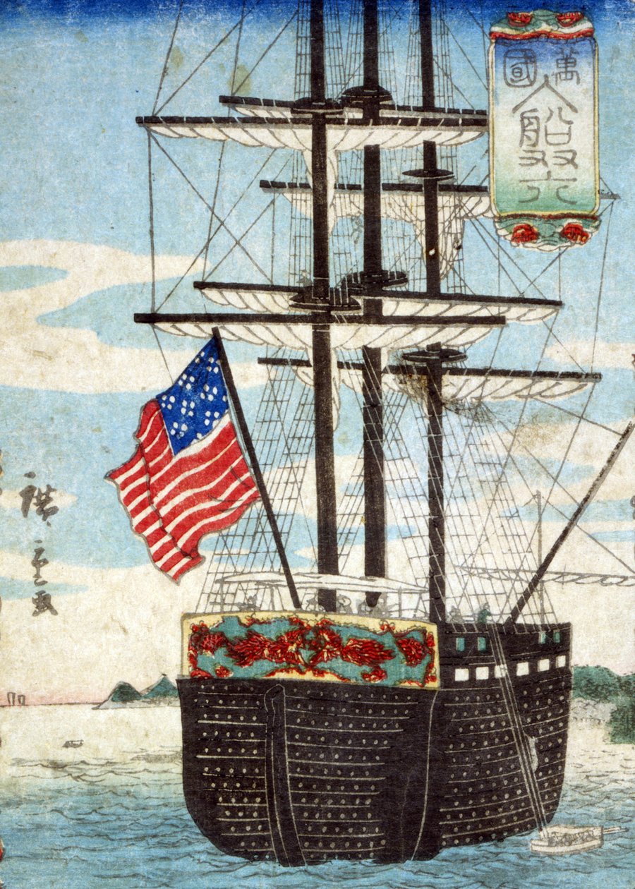 Barcos extranjeros llamando al puerto, (Bankoku nyusen sugoroku), 1860 de Utagawa II Hiroshige
