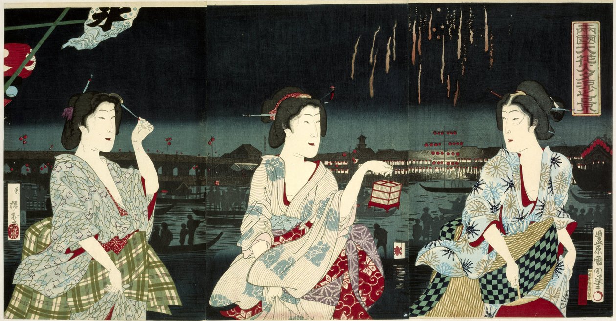 Disfrutando de la brisa nocturna durante los fuegos artificiales en Ryogoku
Ryogoku hanabi yusuzumi no kei (título en el objeto) de Utagawa Kunichika