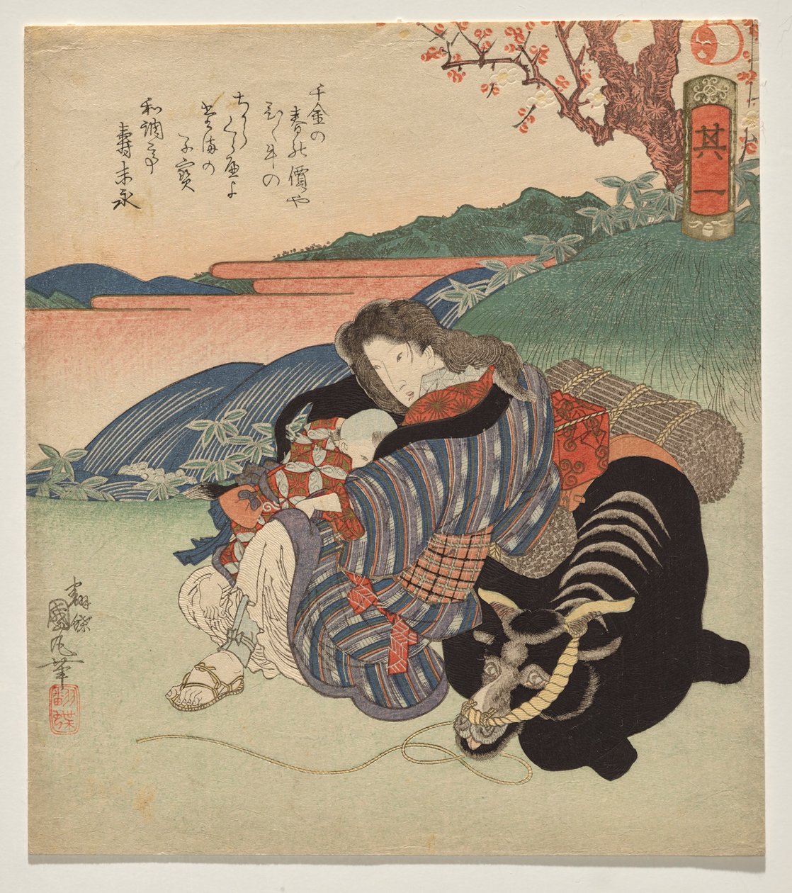Una mujer y un niño descansando contra un buey. de Utagawa Kunimaru