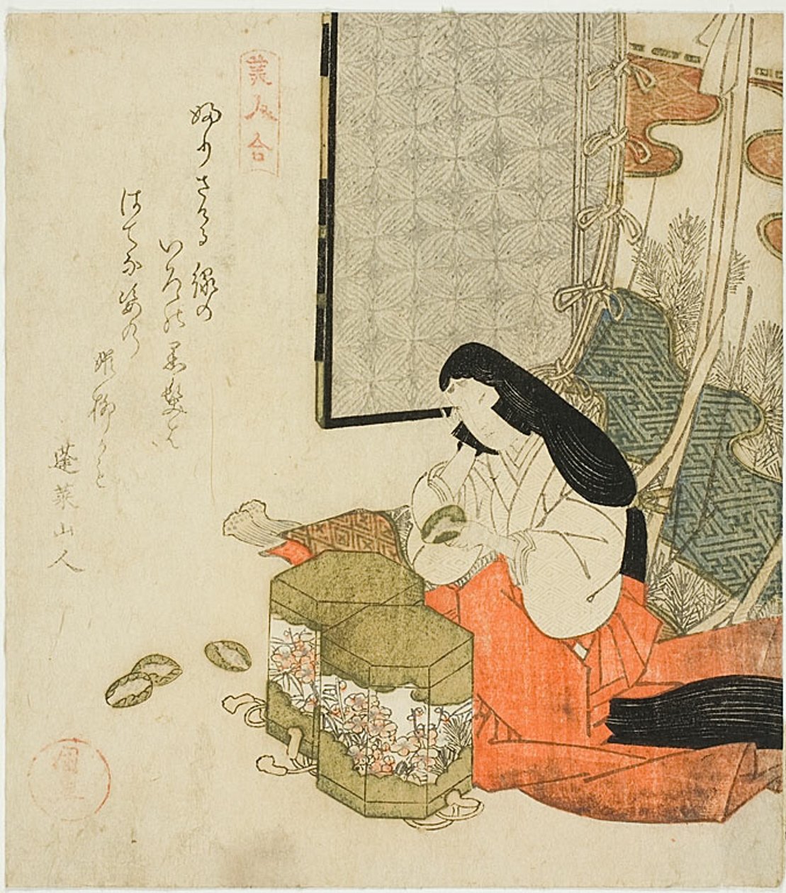 Dama de la corte jugando a las conchas (Kaiawase), de la serie "Concurso de bellezas (Bijin awase)" de Utagawa Kuninao