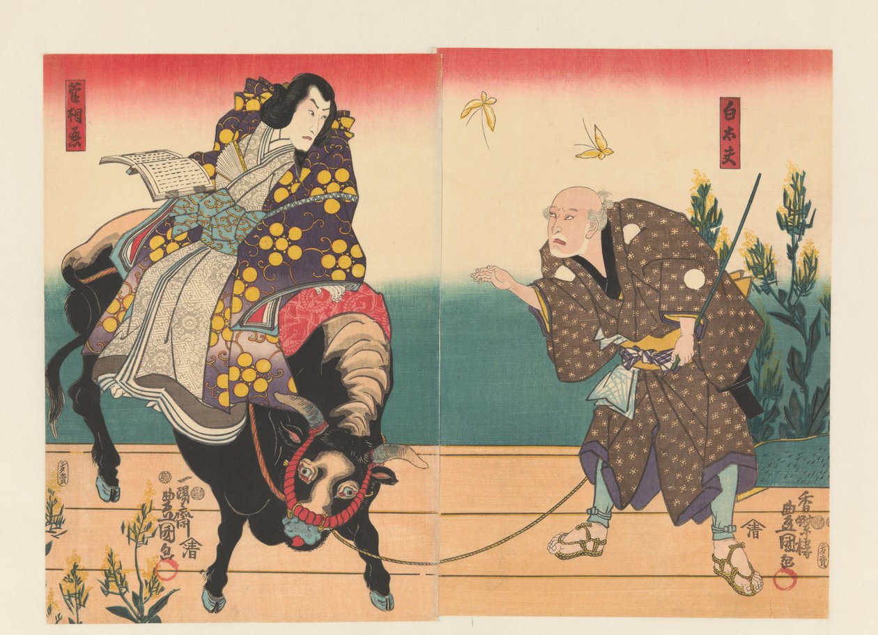 Granjero acompaña cortesano en buey negro de Utagawa Kunisada (I)