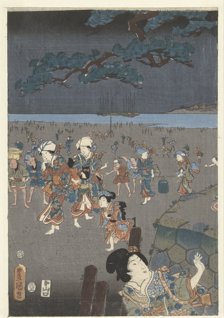 Recolección de conchas en la playa de Akashi. Akashi no ura shiogari no zu de Utagawa Kunisada (I)