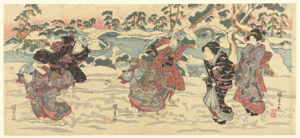 lanzando bolas de nieve de Utagawa Kunisada (I)