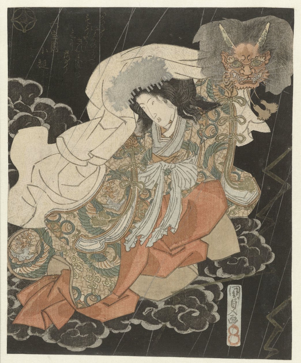 Mujer con máscara de demonio entre las nubes de Utagawa Kunisada (I)
