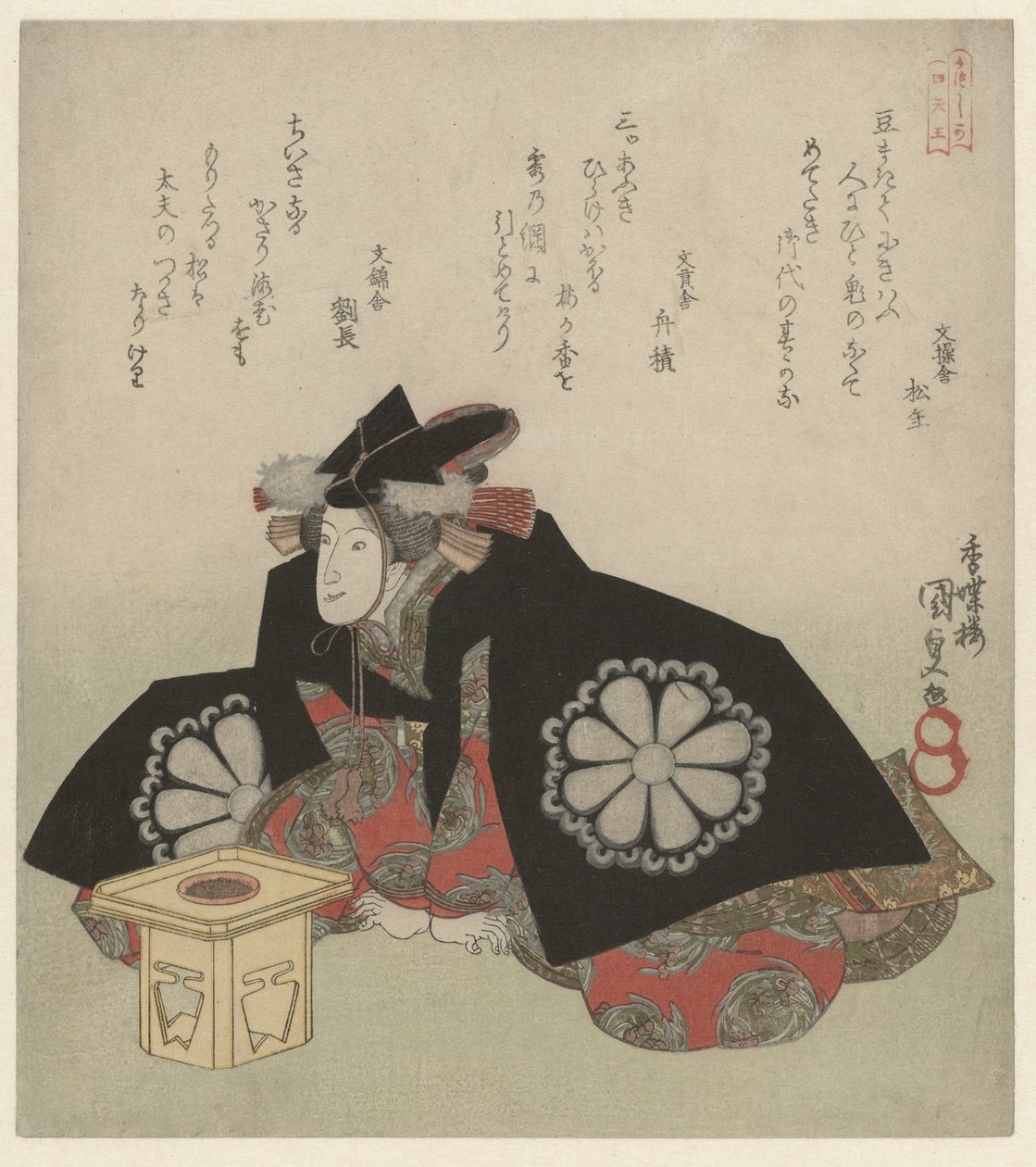 Mujer sentada frente a un puesto de ofrendas de Utagawa Kunisada (I)