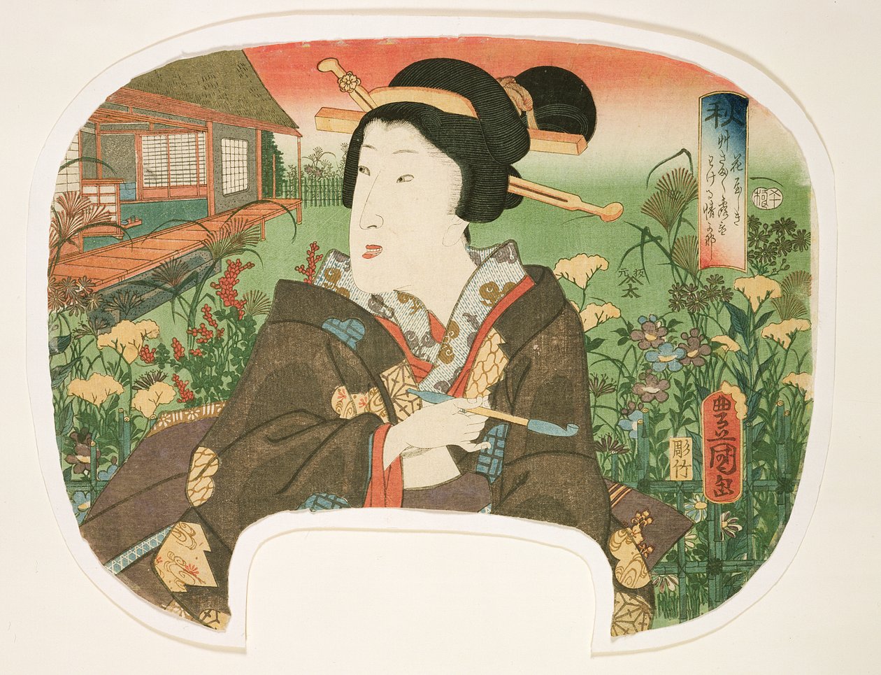 Otoño, Hanayashiki: Una geisha con una pipa, diseño para un abanico de un conjunto de cuatro que ilustran las estaciones de Utagawa Kunisada