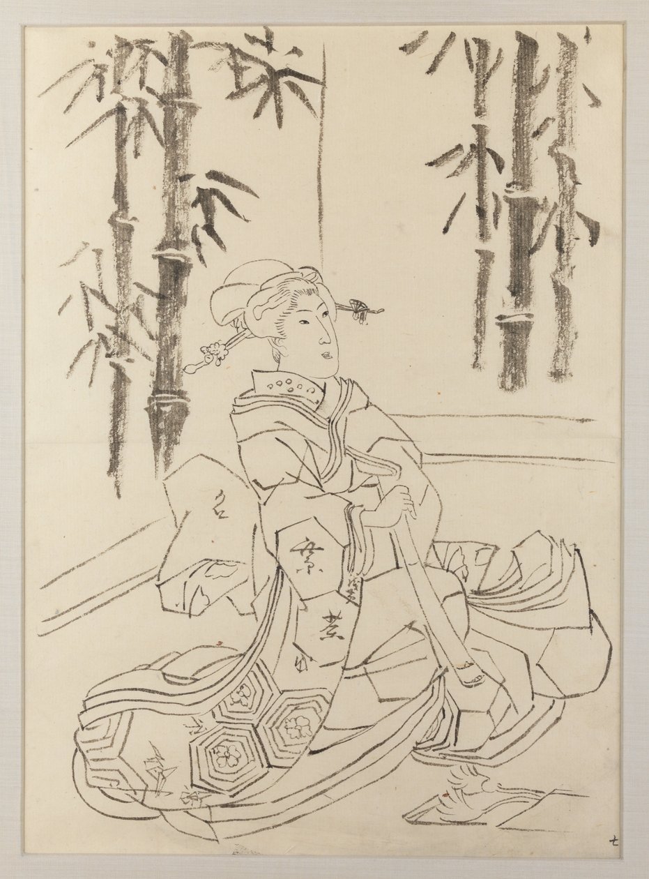 Dibujo preparatorio para la hoja izquierda del tríptico Elegante trío instrumental de muchachas de Utagawa Kunisada