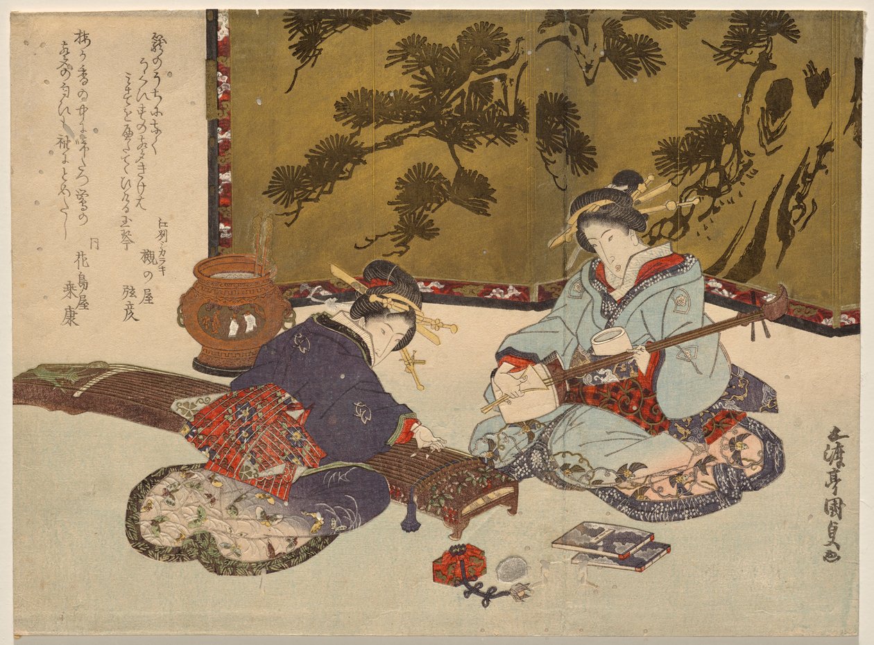Dos cortesanas tocando instrumentos musicales de Utagawa Kunisada