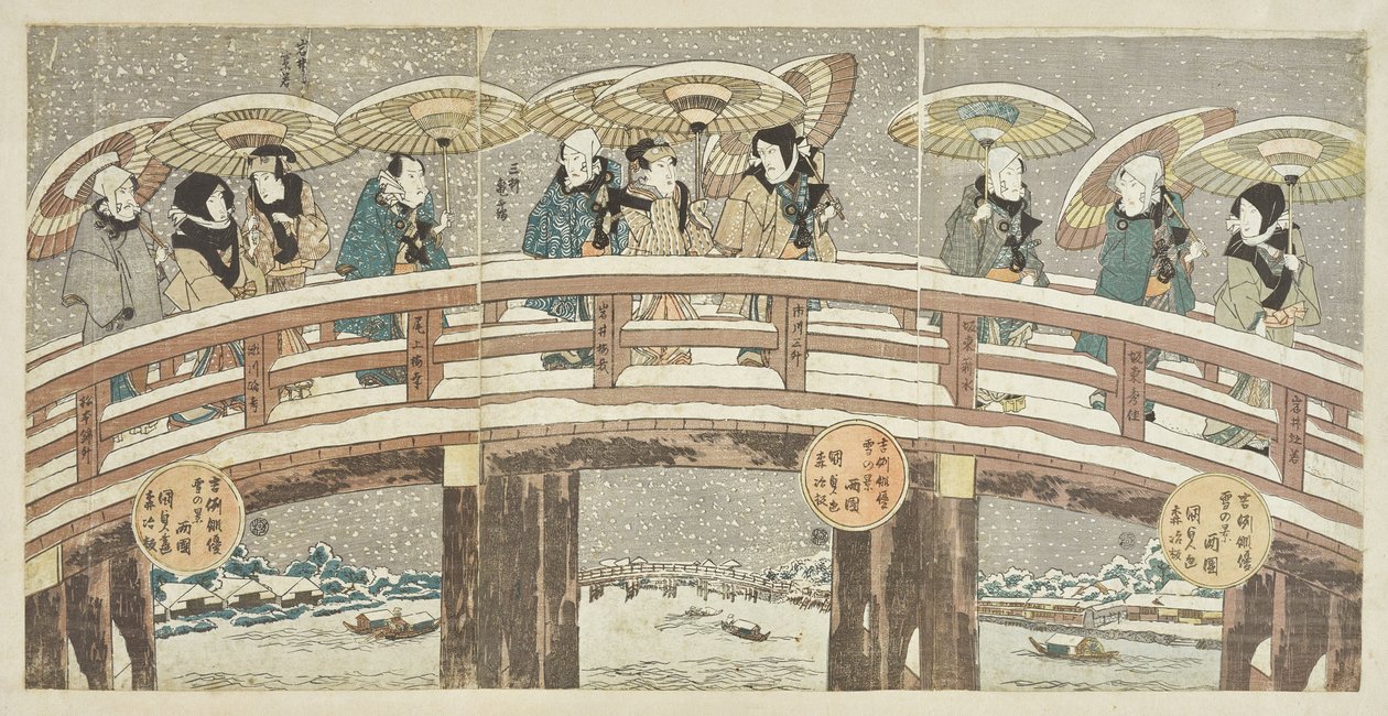 Escena invernal con una procesión de actores que augura buena suerte de Utagawa Kunisada