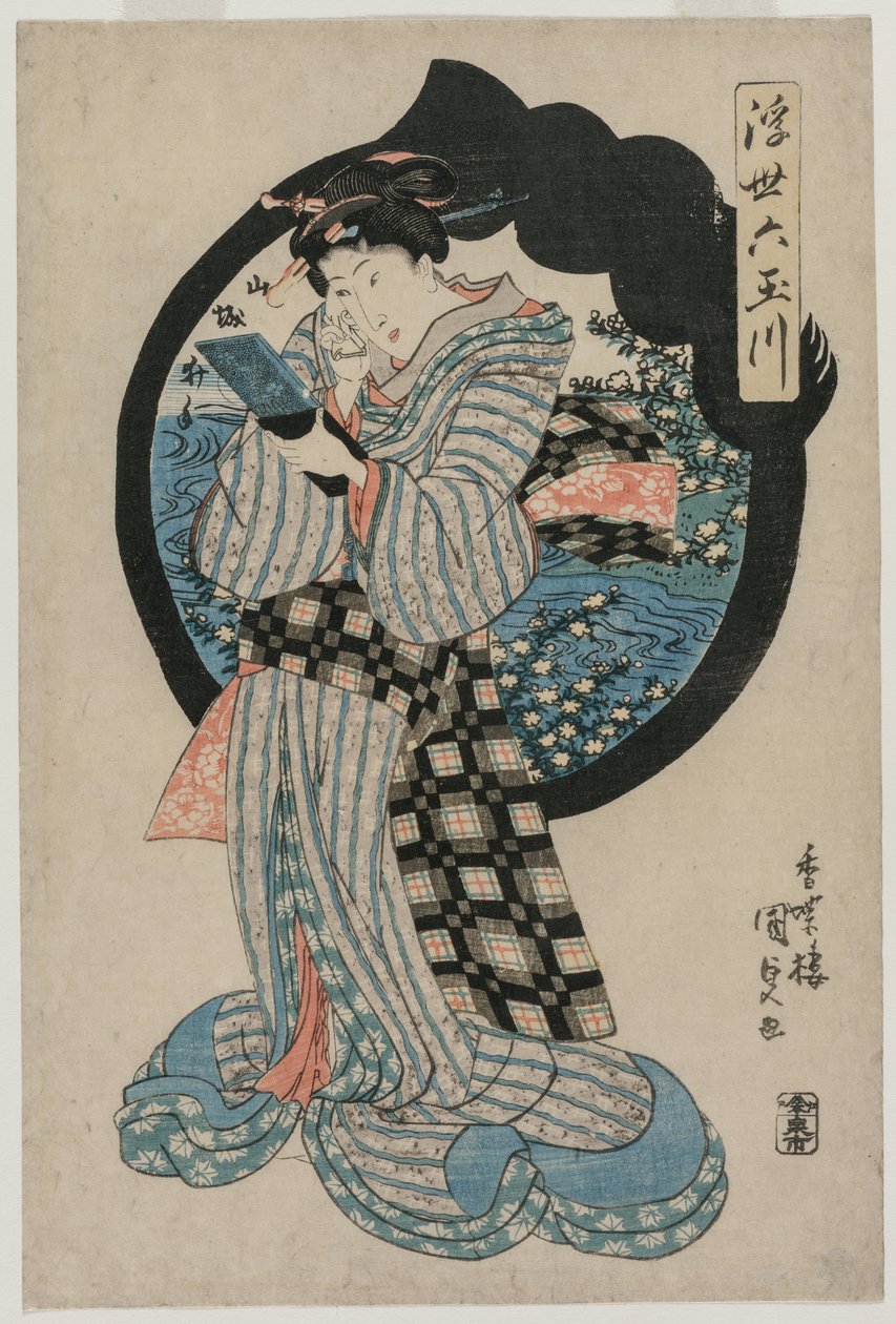 Mujer con un espejo de mano de la serie Los seis ríos Tama del mundo flotante de Utagawa Kunisada
