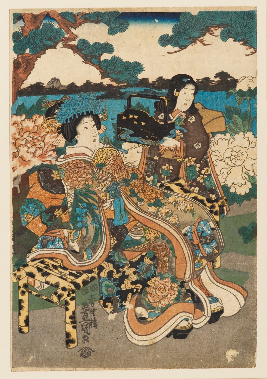 Impresión en madera - Cortesana y criada de Utagawa Kunisada