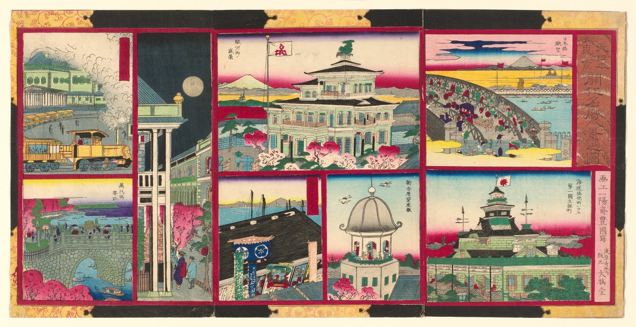 Ocho vistas modernas de lugares famosos en Tokio de Gran Japón (Dai Nippon Tokyo kaika meisho hakkei no zu) de Utagawa Kunisada II