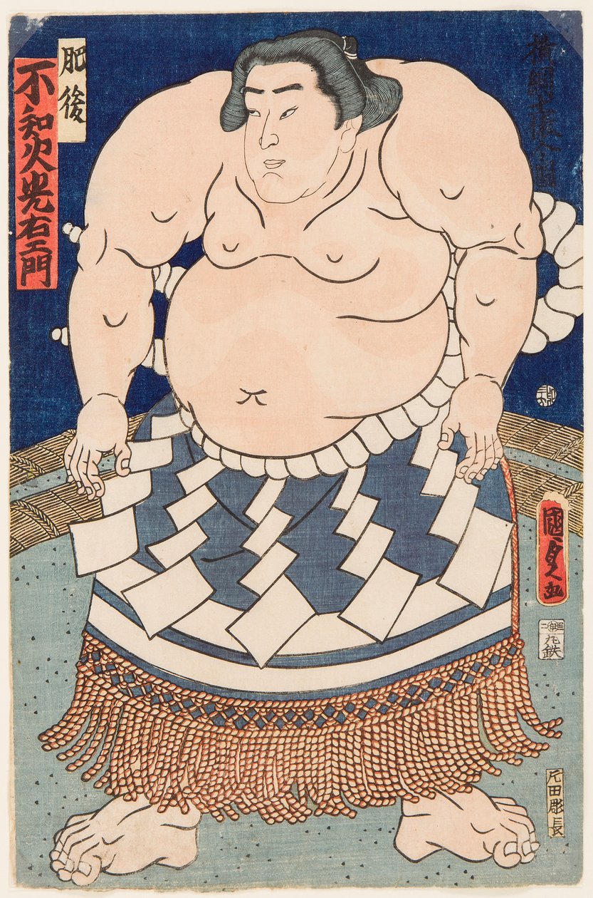 Retrato del luchador de sumo Shiranui Mitsuemon (1825-1879) con un delantal ritual de Utagawa Kunisada II