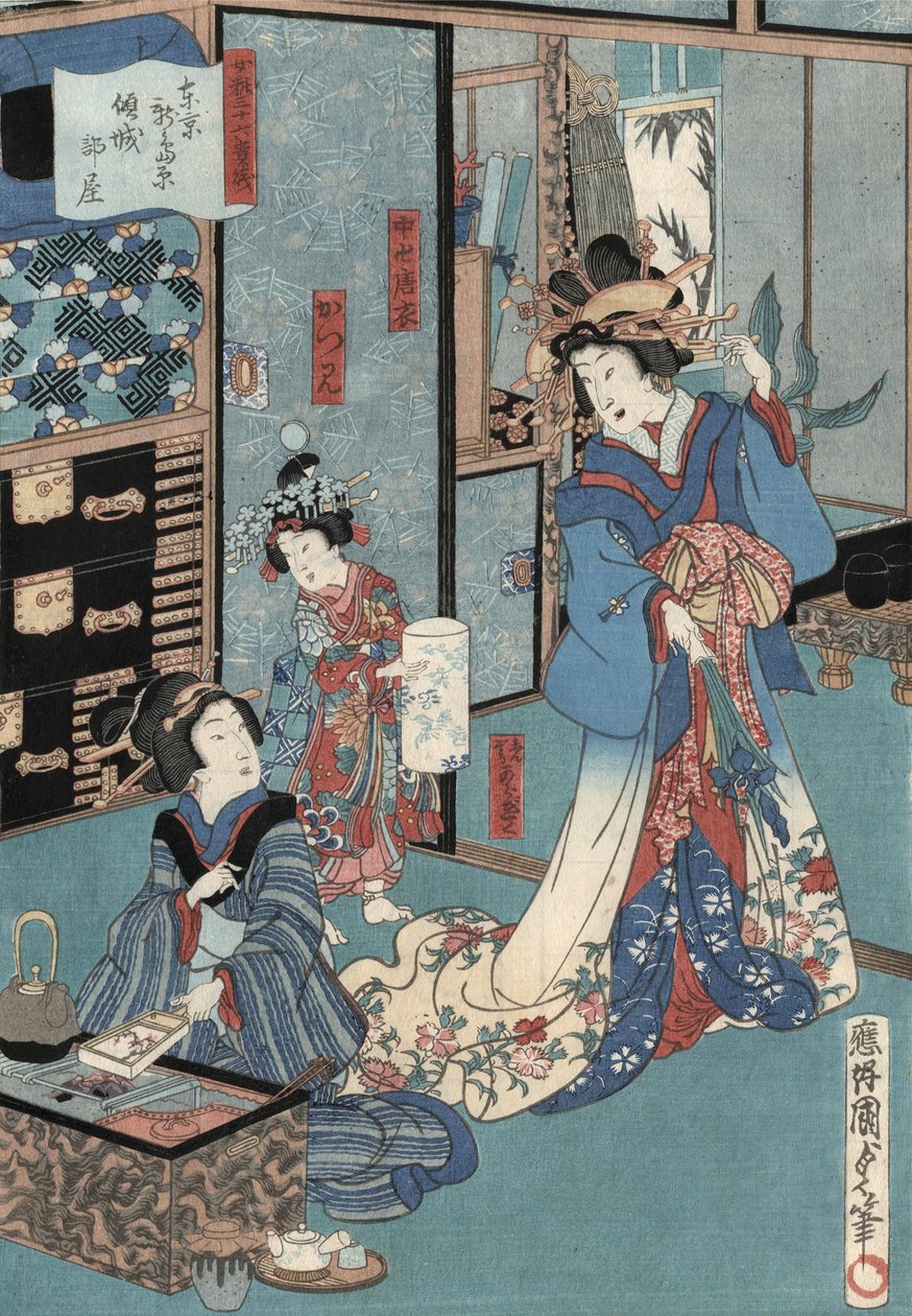 Impresión Ukiyo-e de una geisha con hibachi por Kunisada II, c.1860 de Utagawa Kunisada II