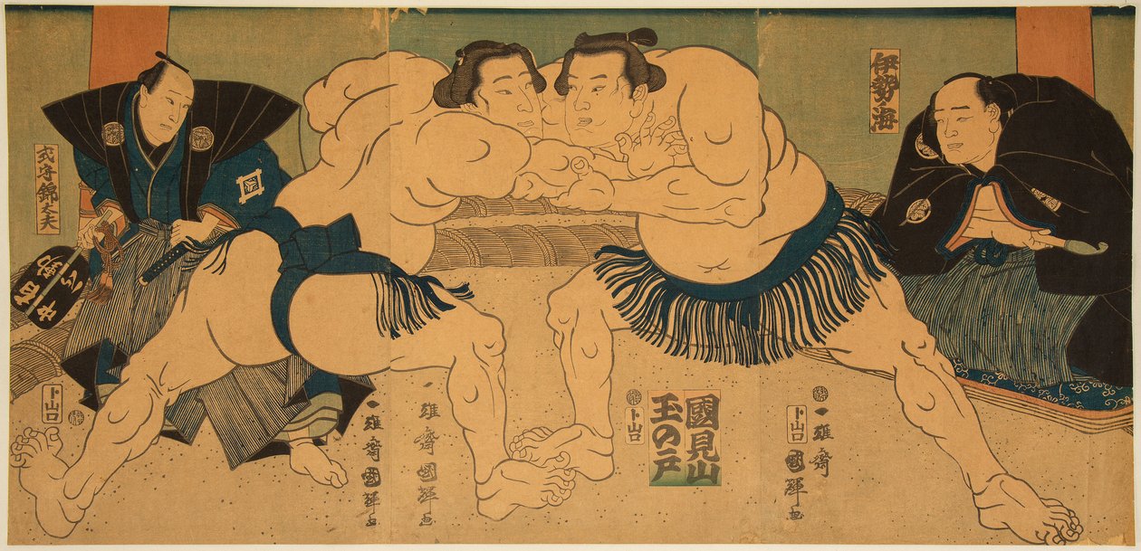 Combate de luchadores de sumo, Tagasugo contra Ayusegawa de Utagawa Kuniteru
