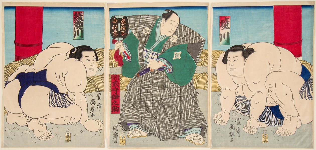 Combate de los luchadores de sumo Shakaigawa y Ayasemawa de Utagawa Kuniteru