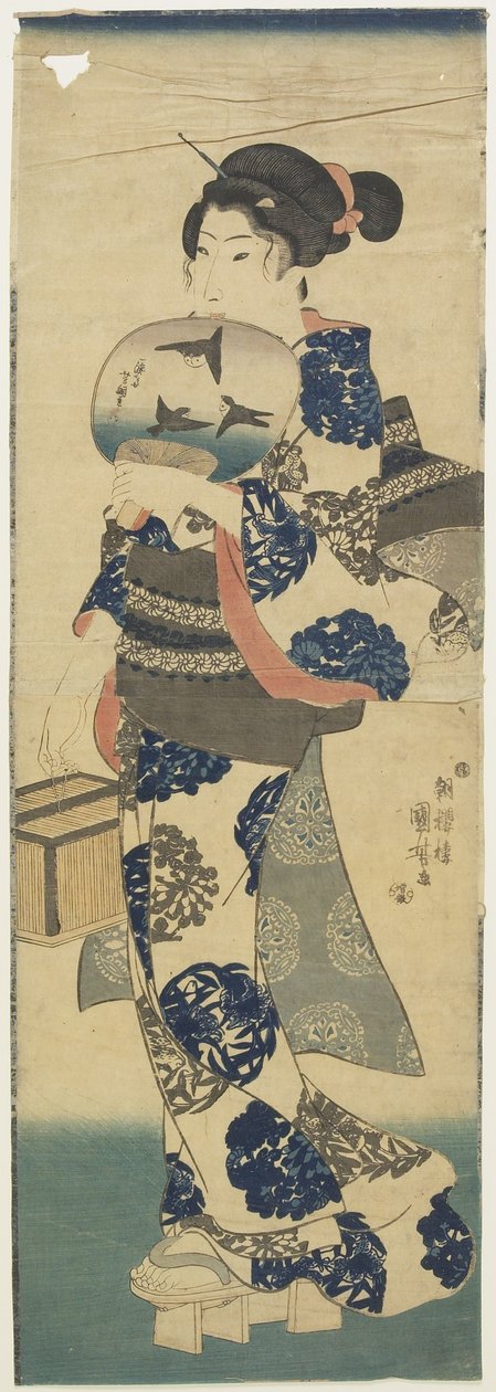 Mujer con abanico y jaula de grillos de Utagawa Kuniyoshi