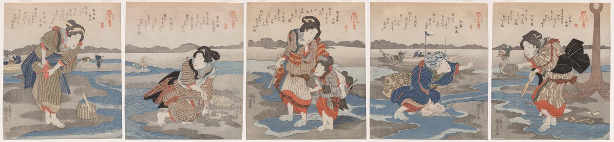 Cinco imágenes de marea baja de Utagawa Kuniyoshi