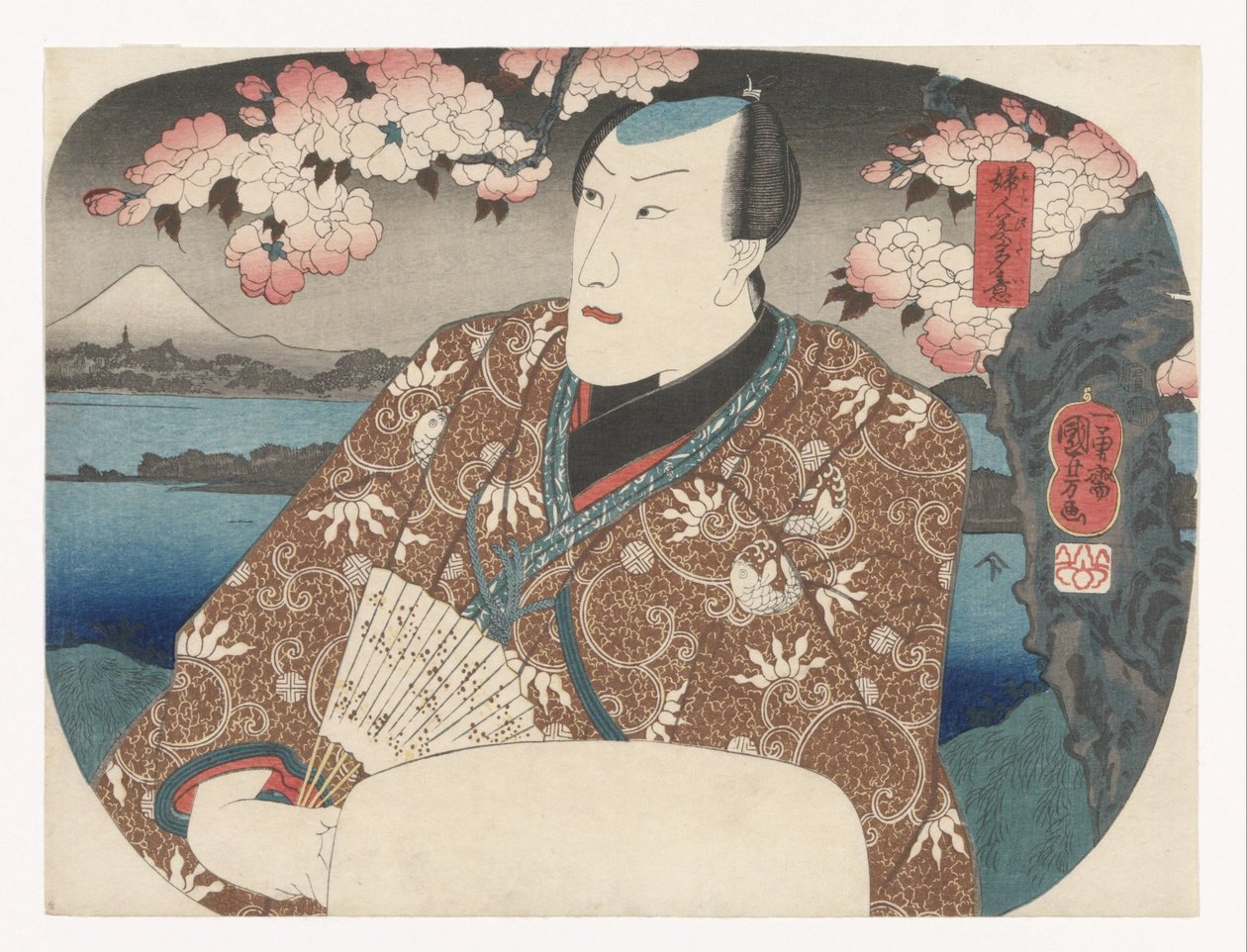 Actor con ventilador bajo flor de cerezo de Utagawa Kuniyoshi
