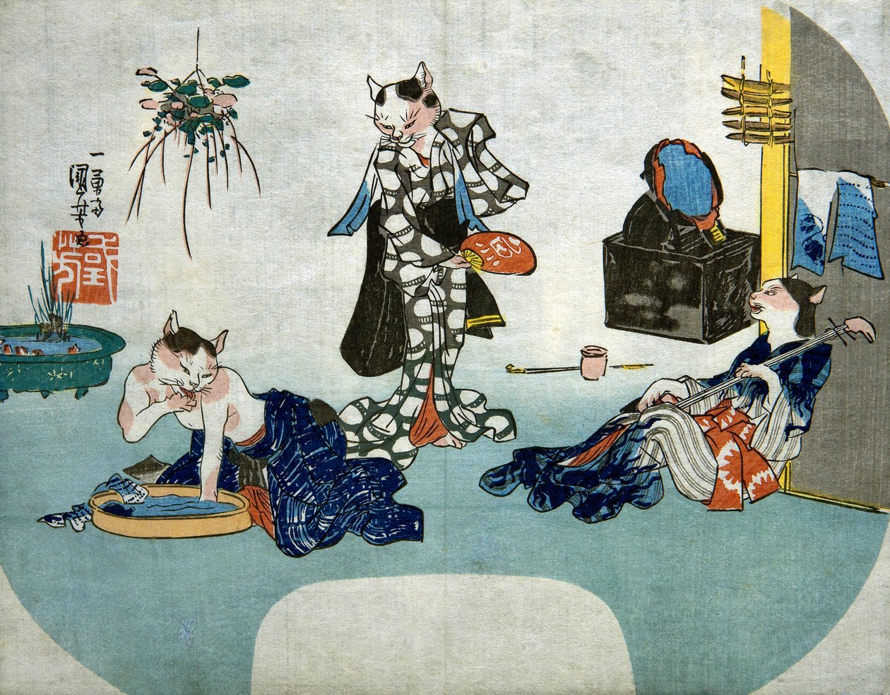 Gatos antropomórficos relajándose en verano de Utagawa Kuniyoshi