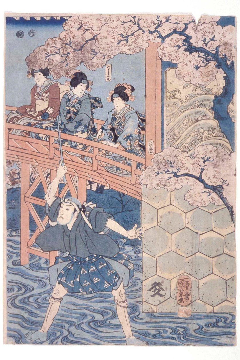 Bandō Hikosaburō IV como Ashikaga Yoshimasa e Ichikawa Kodanji IV como Asakura Tōgo, de la obra de kabuki Higashiyama sakura sōshi de Utagawa Kuniyoshi
