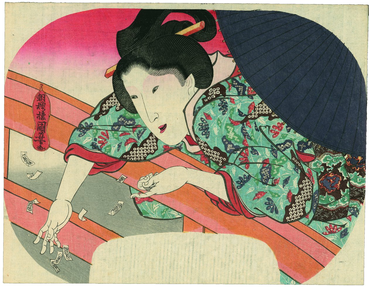 Una belleza arroja al río Sumida papeletas de oración al bodhisattva Jizō para calmar los espíritus de los ahogados de Utagawa Kuniyoshi