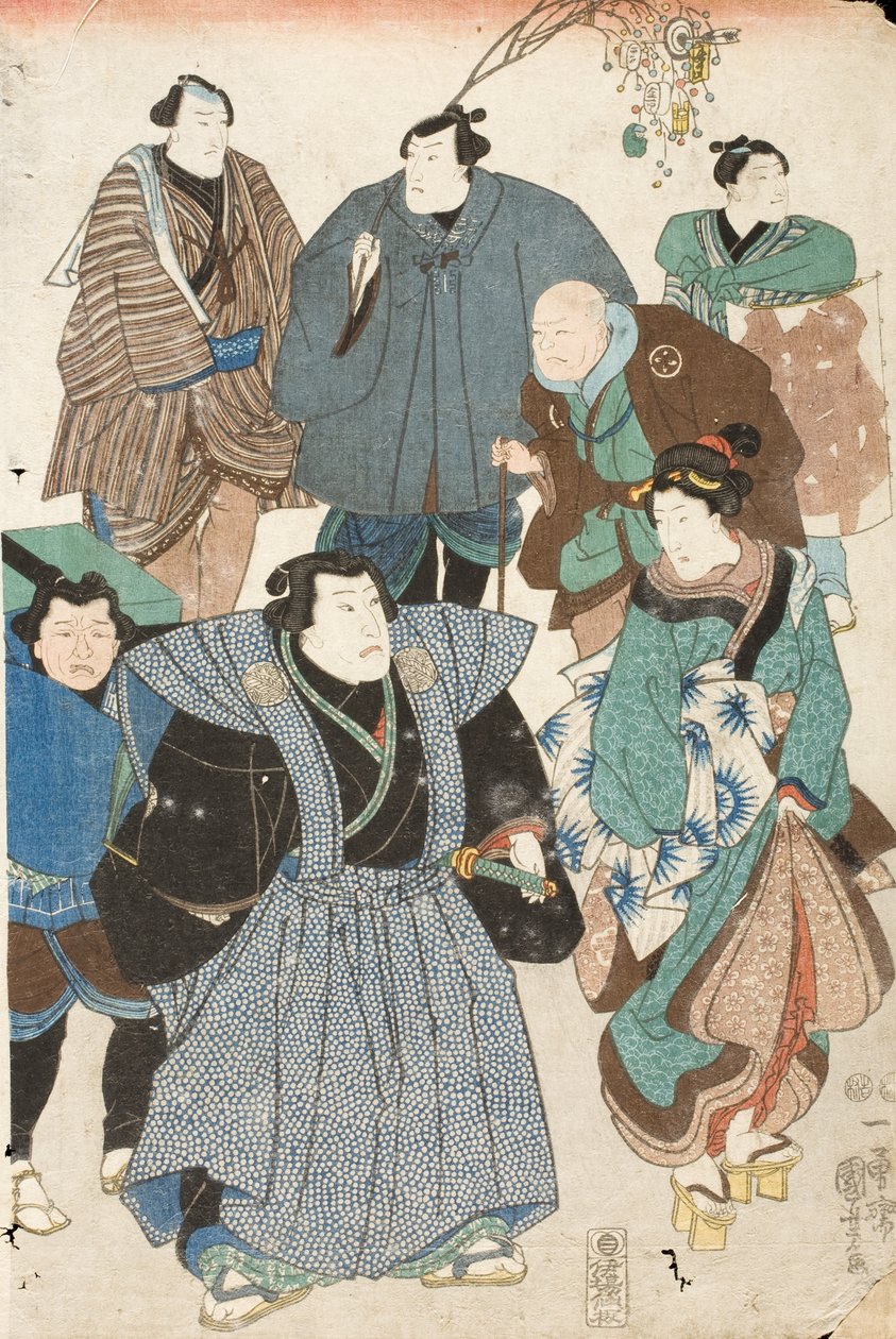 Celebración de la primavera (actores de kabuki disfrazados de multitud callejera) de Utagawa Kuniyoshi