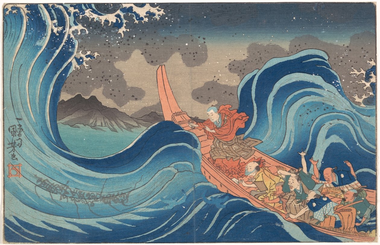Biografía ilustrada y concisa del monje Nichiren: «Calmando el mar embravecido en Tsunoda durante su exilio en la isla de Sado» de Utagawa Kuniyoshi