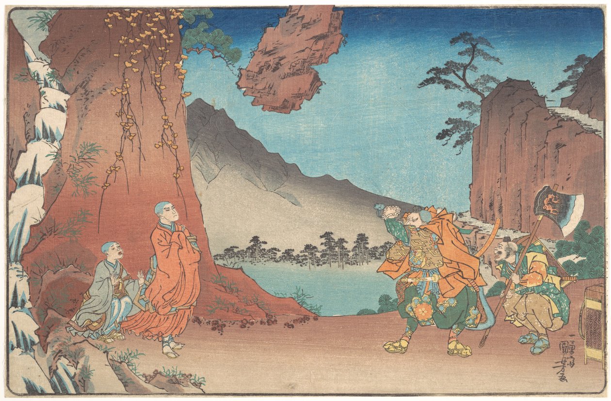 Biografía ilustrada y concisa del monje Nichiren: La roca suspendida por el poder de la oración en el monte Komuro de Utagawa Kuniyoshi