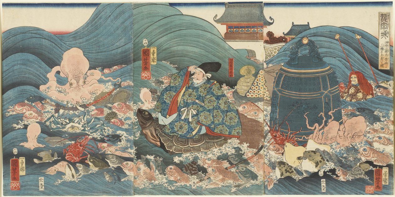 El dios dragón recompensando a Hidesato con tres regalos, abril 1858 de Utagawa Kuniyoshi