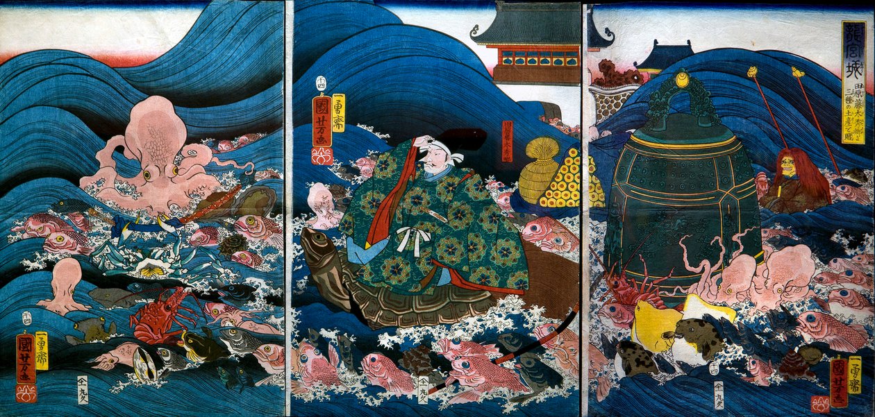 El Rey Dragón del Palacio del Dragón presenta tres regalos a Tawara Tōda Hidesato (Ryūgūjō de Utagawa Kuniyoshi